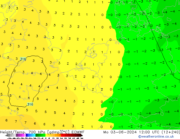 Height/Temp. 700 hPa ECMWF  03.06.2024 12 UTC