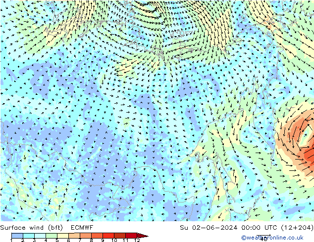 Surface wind (bft) ECMWF Su 02.06.2024 00 UTC