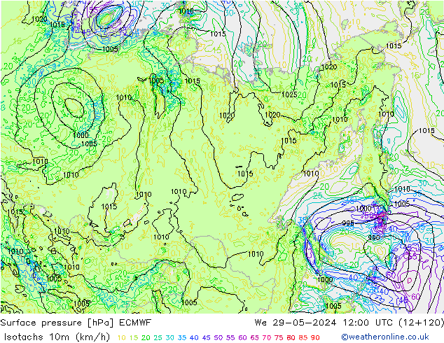 Isotachs (kph) ECMWF  29.05.2024 12 UTC