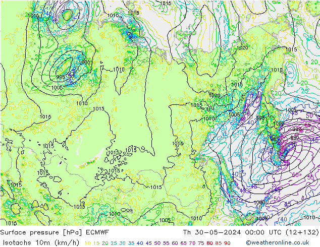 Isotachs (kph) ECMWF Th 30.05.2024 00 UTC