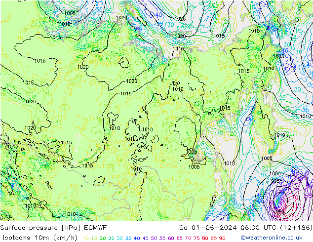 Isotachs (kph) ECMWF сб 01.06.2024 06 UTC