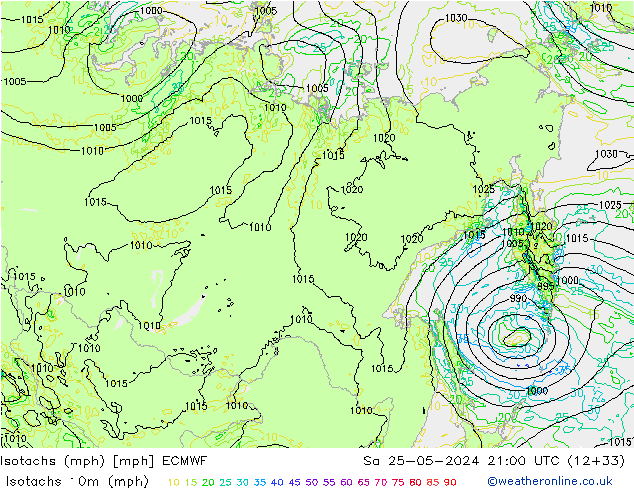 Isotachs (mph) ECMWF Sáb 25.05.2024 21 UTC