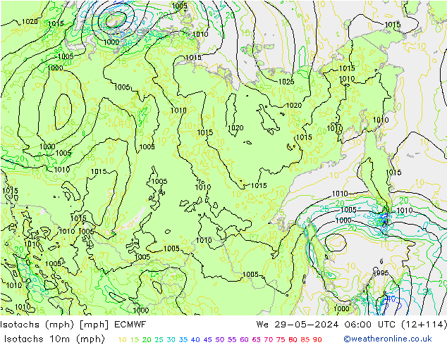 Izotacha (mph) ECMWF śro. 29.05.2024 06 UTC