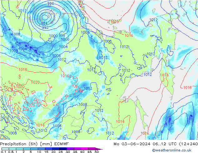 Precipitation (6h) ECMWF Po 03.06.2024 12 UTC