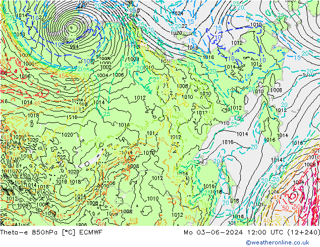 Theta-e 850hPa ECMWF Po 03.06.2024 12 UTC