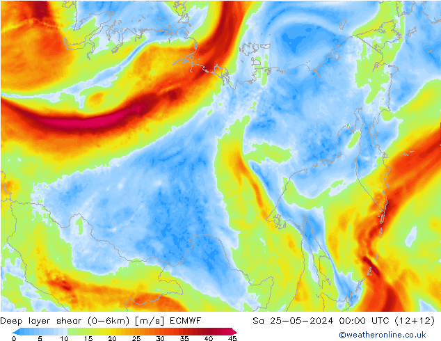 Deep layer shear (0-6km) ECMWF Sáb 25.05.2024 00 UTC