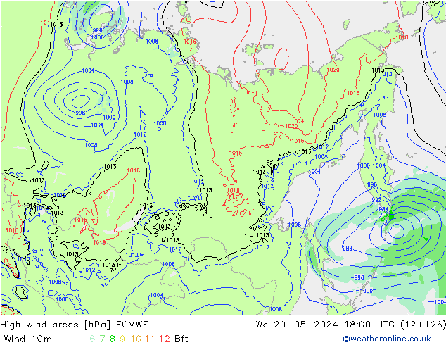 High wind areas ECMWF We 29.05.2024 18 UTC