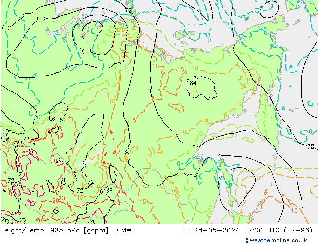 Height/Temp. 925 hPa ECMWF Tu 28.05.2024 12 UTC