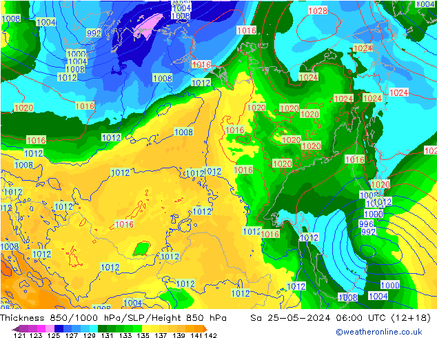 Espesor 850-1000 hPa ECMWF sáb 25.05.2024 06 UTC