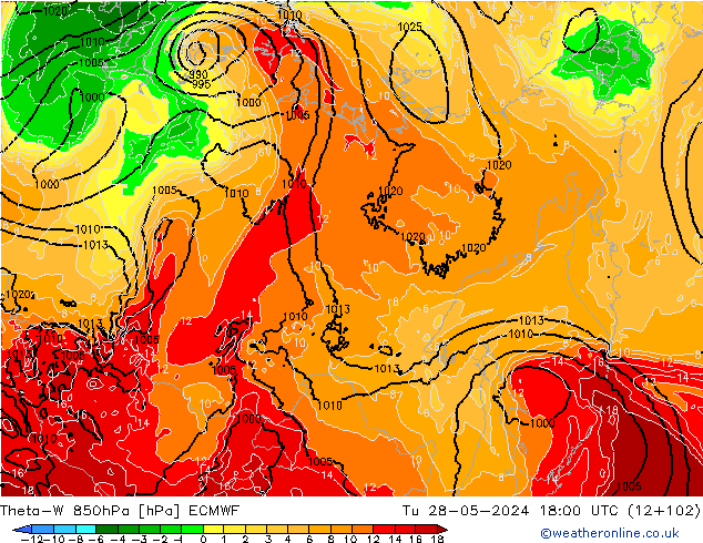 Theta-W 850hPa ECMWF Tu 28.05.2024 18 UTC