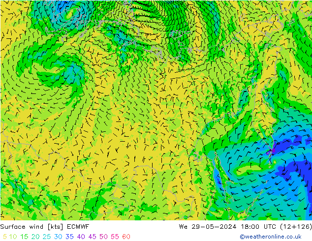 Surface wind ECMWF We 29.05.2024 18 UTC