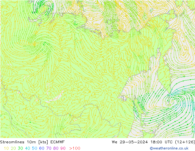 Streamlines 10m ECMWF We 29.05.2024 18 UTC