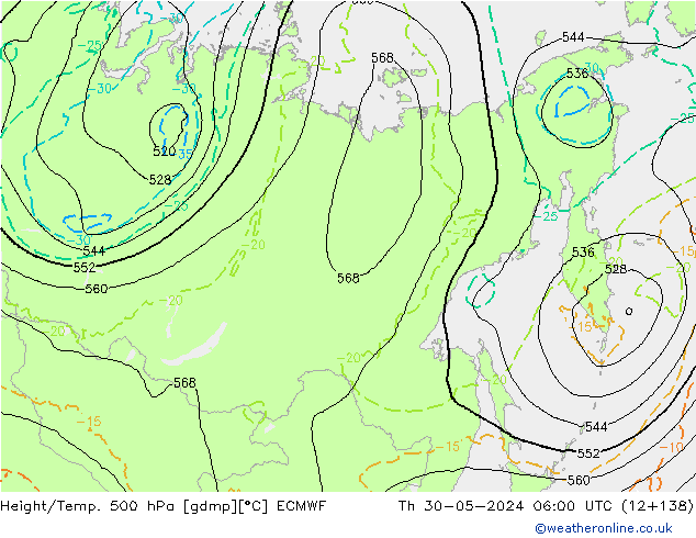 Z500/Rain (+SLP)/Z850 ECMWF czw. 30.05.2024 06 UTC