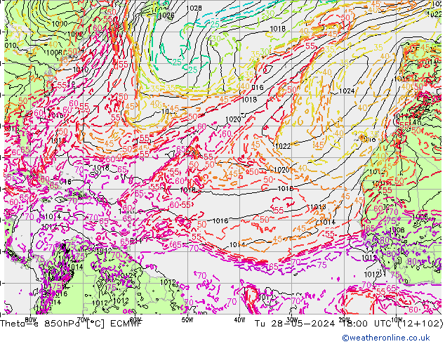 Theta-e 850hPa ECMWF di 28.05.2024 18 UTC