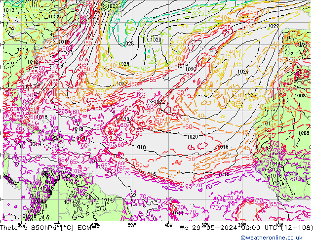 Theta-e 850hPa ECMWF śro. 29.05.2024 00 UTC