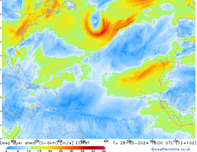 Deep layer shear (0-6km) ECMWF Tu 28.05.2024 18 UTC