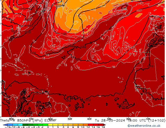 Theta-W 850hPa ECMWF Tu 28.05.2024 18 UTC