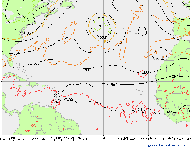 Z500/Rain (+SLP)/Z850 ECMWF Čt 30.05.2024 12 UTC