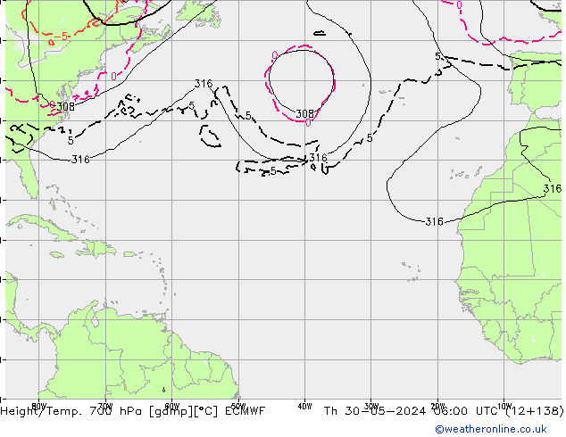 Height/Temp. 700 hPa ECMWF Th 30.05.2024 06 UTC