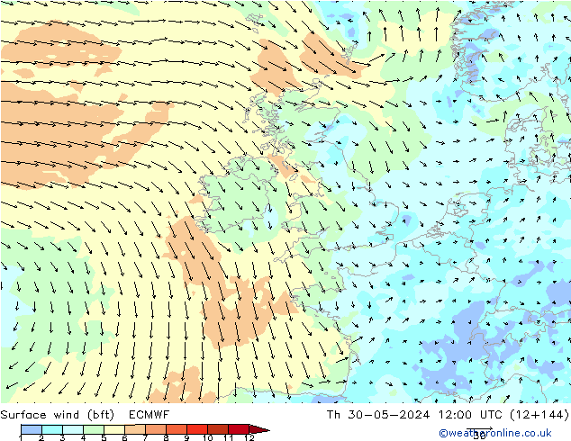 Vento 10 m (bft) ECMWF Qui 30.05.2024 12 UTC