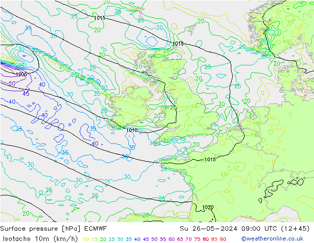 Isotachs (kph) ECMWF Su 26.05.2024 09 UTC