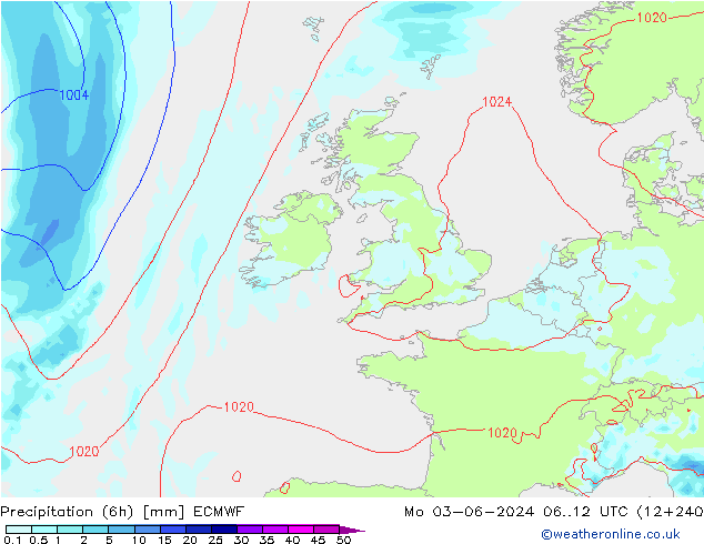 Precipitation (6h) ECMWF Mo 03.06.2024 12 UTC