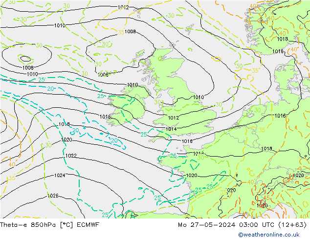 Theta-e 850hPa ECMWF ma 27.05.2024 03 UTC