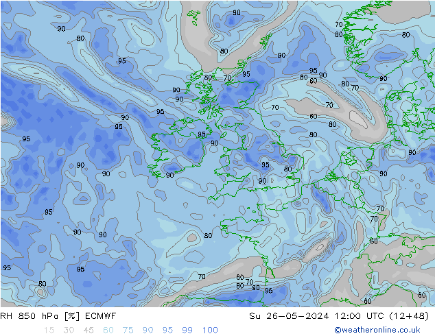 Humedad rel. 850hPa ECMWF dom 26.05.2024 12 UTC