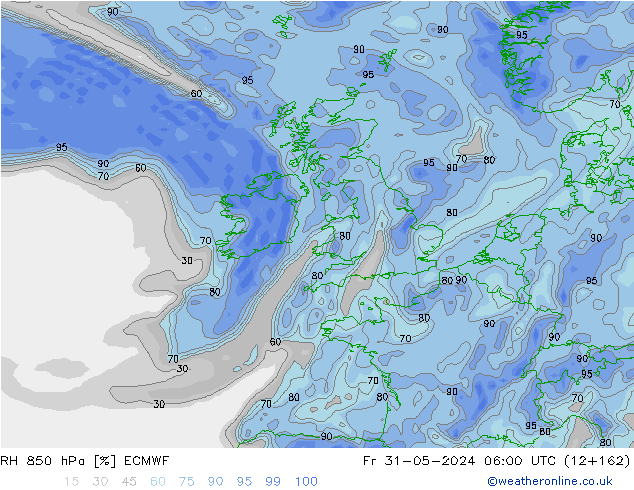 Humidité rel. 850 hPa ECMWF ven 31.05.2024 06 UTC
