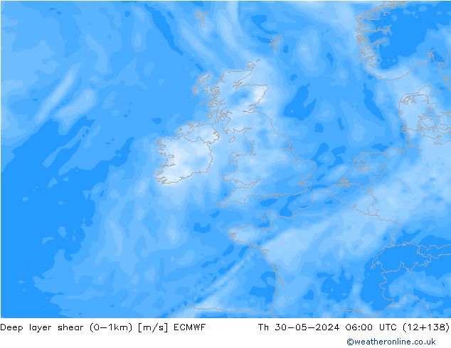 Deep layer shear (0-1km) ECMWF jue 30.05.2024 06 UTC