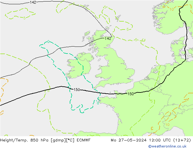 Z500/Rain (+SLP)/Z850 ECMWF Mo 27.05.2024 12 UTC