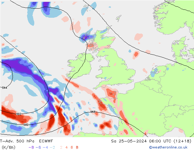 T-Adv. 500 гПа ECMWF сб 25.05.2024 06 UTC