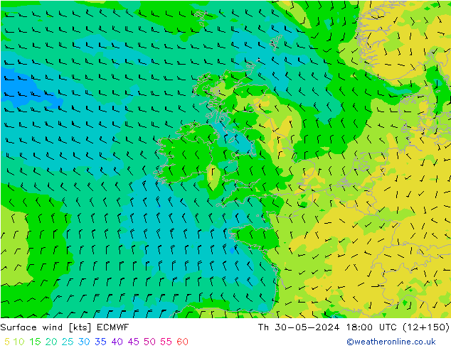 wiatr 10 m ECMWF czw. 30.05.2024 18 UTC