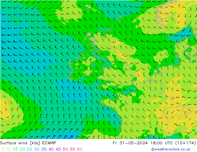 Vento 10 m ECMWF Sex 31.05.2024 18 UTC