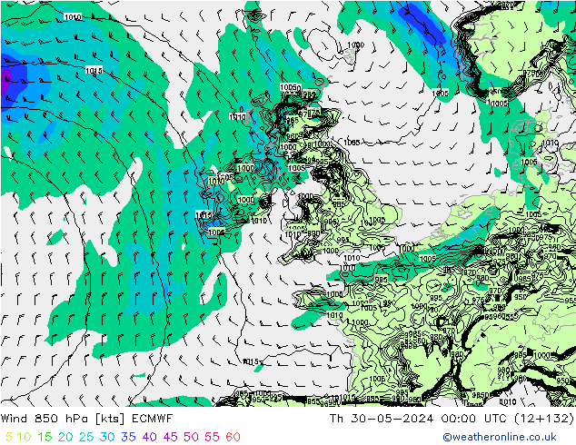 Wind 850 hPa ECMWF do 30.05.2024 00 UTC