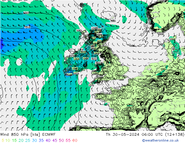 Viento 850 hPa ECMWF jue 30.05.2024 06 UTC