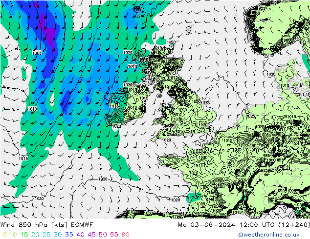 Viento 850 hPa ECMWF lun 03.06.2024 12 UTC