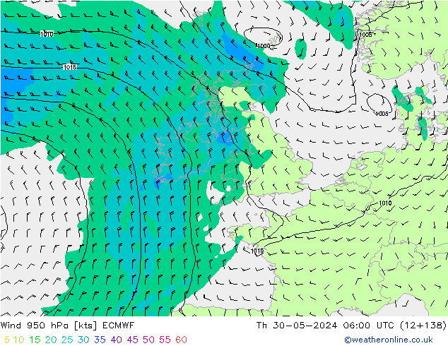 Viento 950 hPa ECMWF jue 30.05.2024 06 UTC