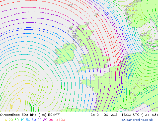 Streamlines 300 hPa ECMWF Sa 01.06.2024 18 UTC