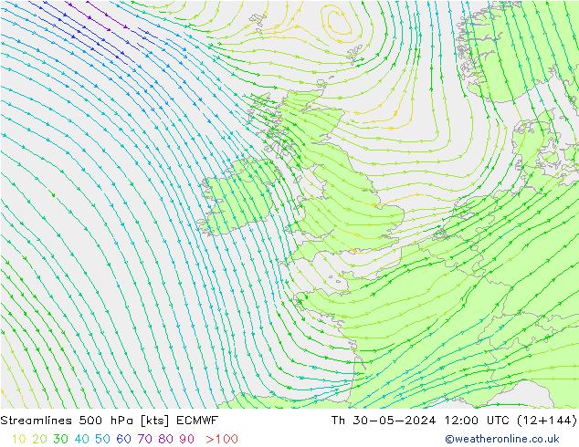 Linea di flusso 500 hPa ECMWF gio 30.05.2024 12 UTC