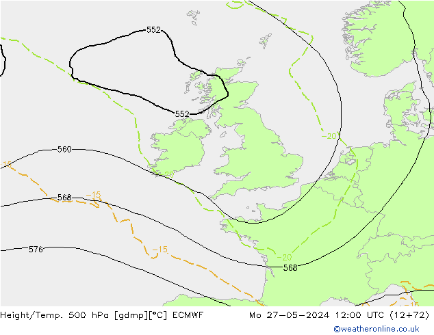 Z500/Rain (+SLP)/Z850 ECMWF Mo 27.05.2024 12 UTC