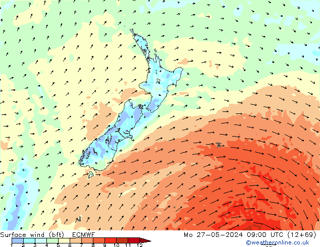 Vento 10 m (bft) ECMWF lun 27.05.2024 09 UTC