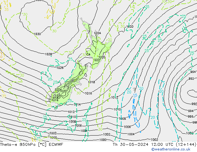 Theta-e 850hPa ECMWF jue 30.05.2024 12 UTC