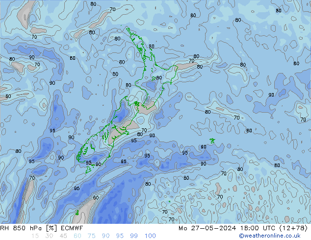 RH 850 hPa ECMWF lun 27.05.2024 18 UTC