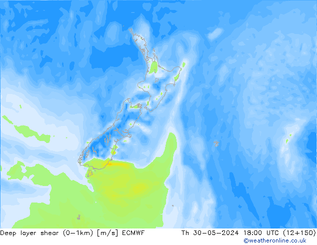 Deep layer shear (0-1km) ECMWF Qui 30.05.2024 18 UTC