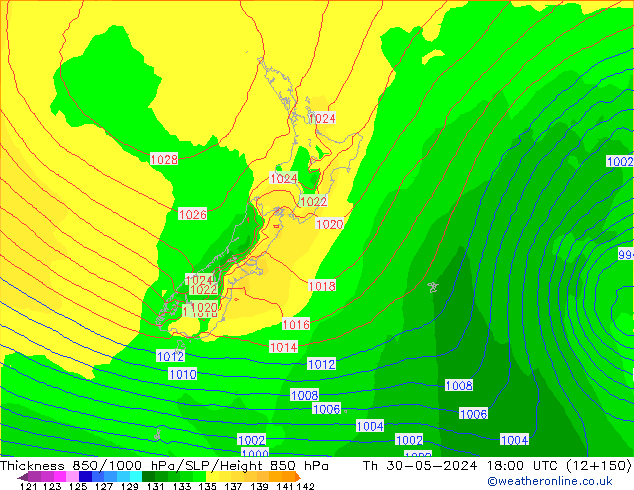 Espesor 850-1000 hPa ECMWF jue 30.05.2024 18 UTC