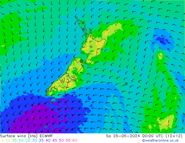 Wind 10 m ECMWF za 25.05.2024 00 UTC