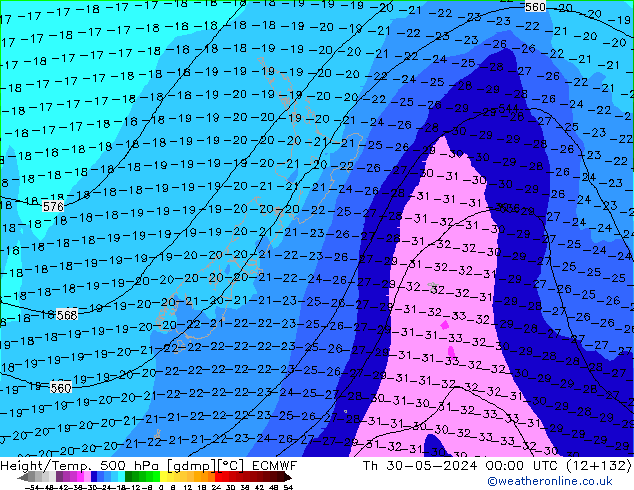 Z500/Rain (+SLP)/Z850 ECMWF czw. 30.05.2024 00 UTC