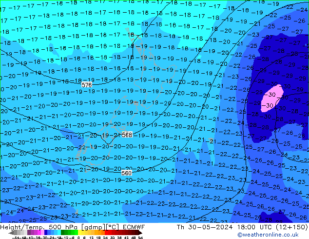 Z500/Rain (+SLP)/Z850 ECMWF Qui 30.05.2024 18 UTC