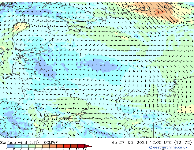 Rüzgar 10 m (bft) ECMWF Pzt 27.05.2024 12 UTC